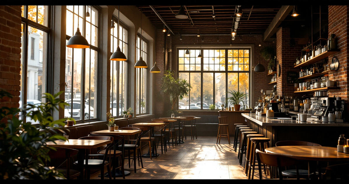 Warm coffee shop interior with big windows and exposed brick in morning light