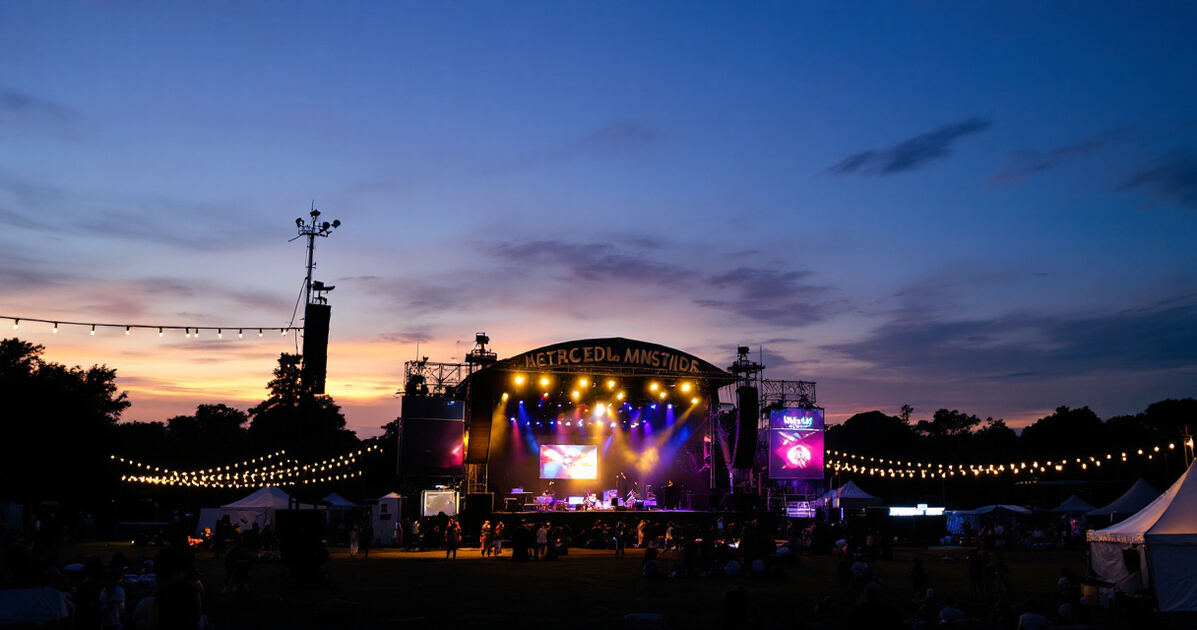 Outdoor concert stage at dusk with string lights