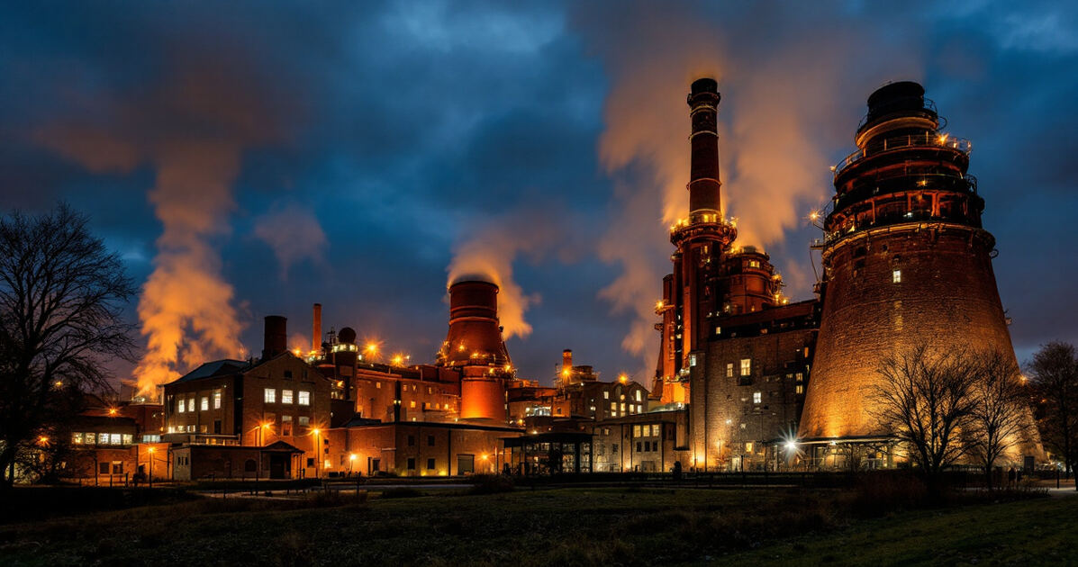 Historic blast furnaces illuminated at dusk at the SteelStacks arts campus in Bethlehem PA