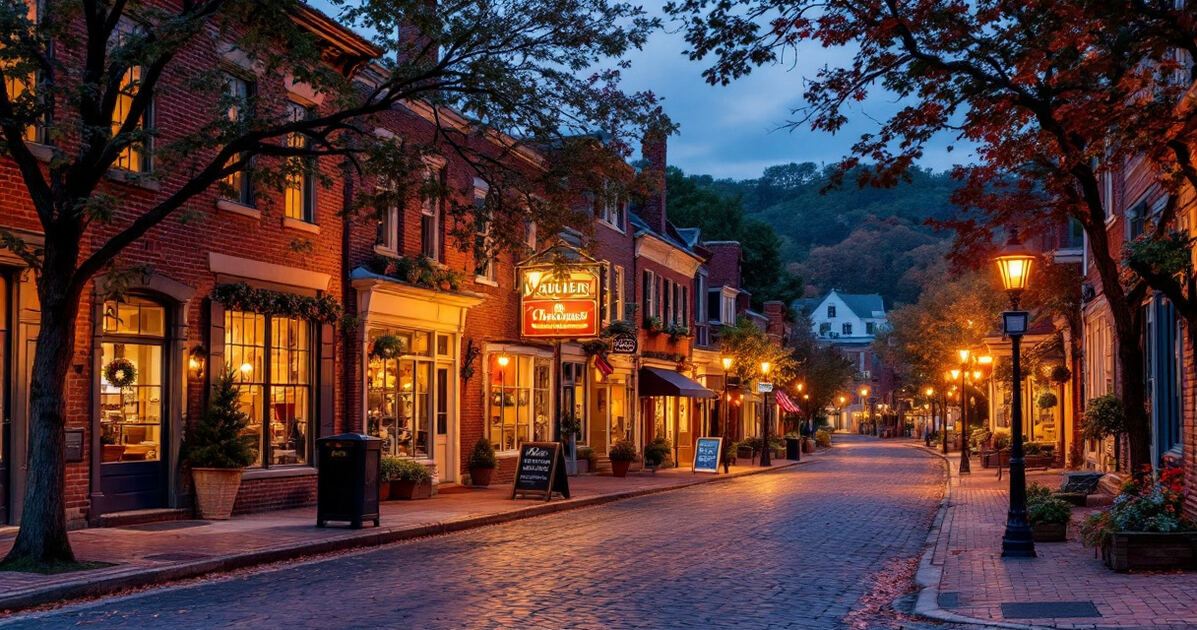 Historic main street with colonial brick buildings and warm shop lights at dusk