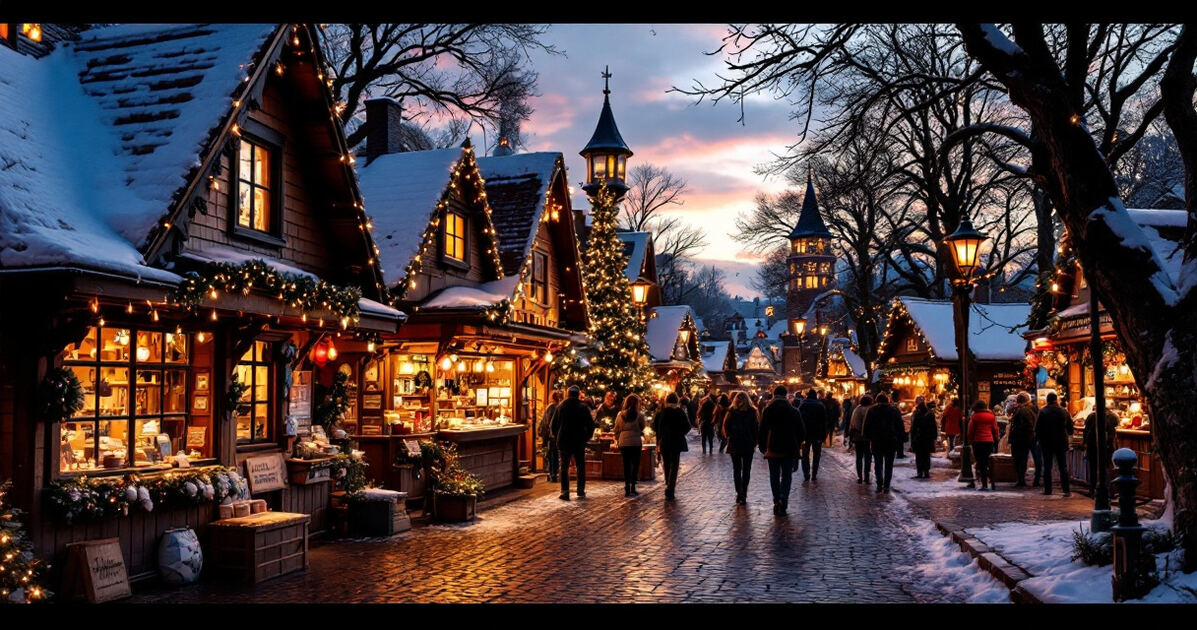 Cozy European-style Christmas market with wooden stalls and warm lights at dusk