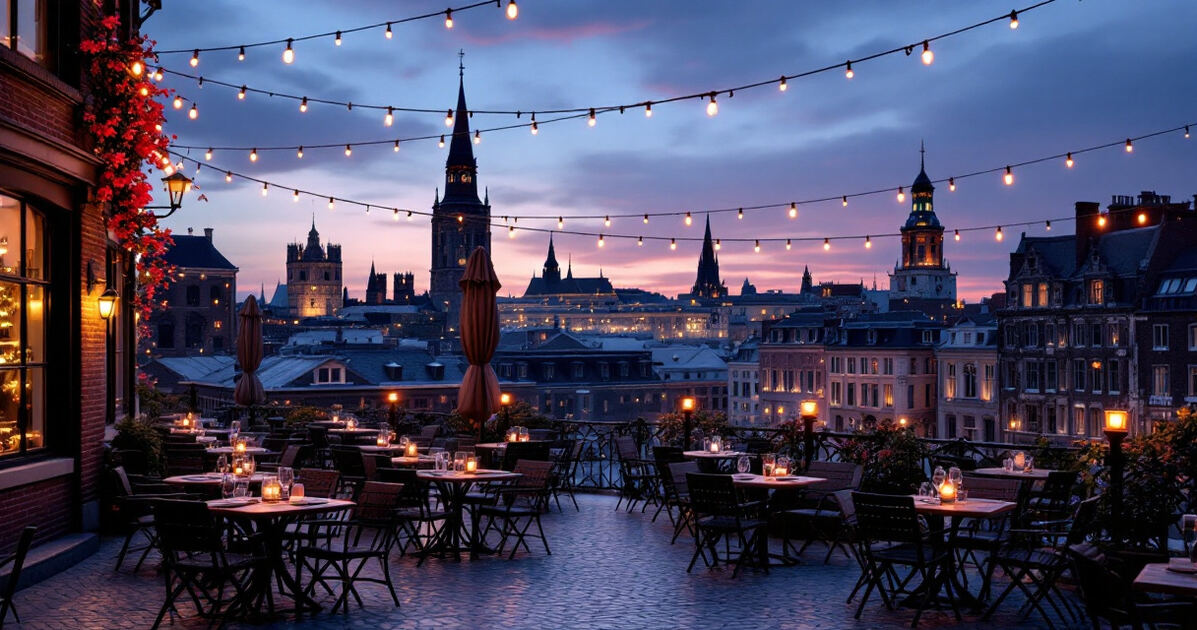 Warm bar patio with string lights — a classic trivia-night spot