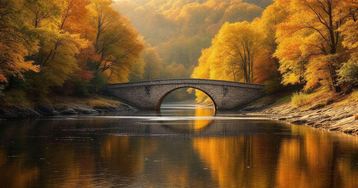 Calm river with a stone bridge and autumn trees at golden hour