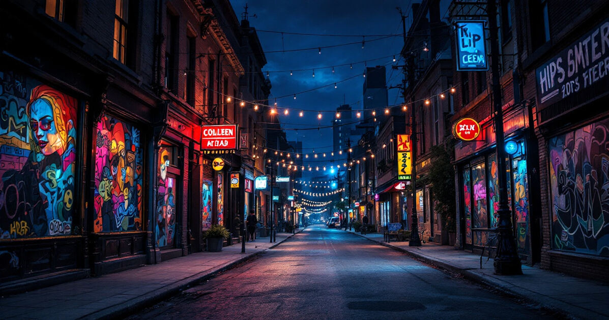 Hip urban arts district street at night with murals and string lights