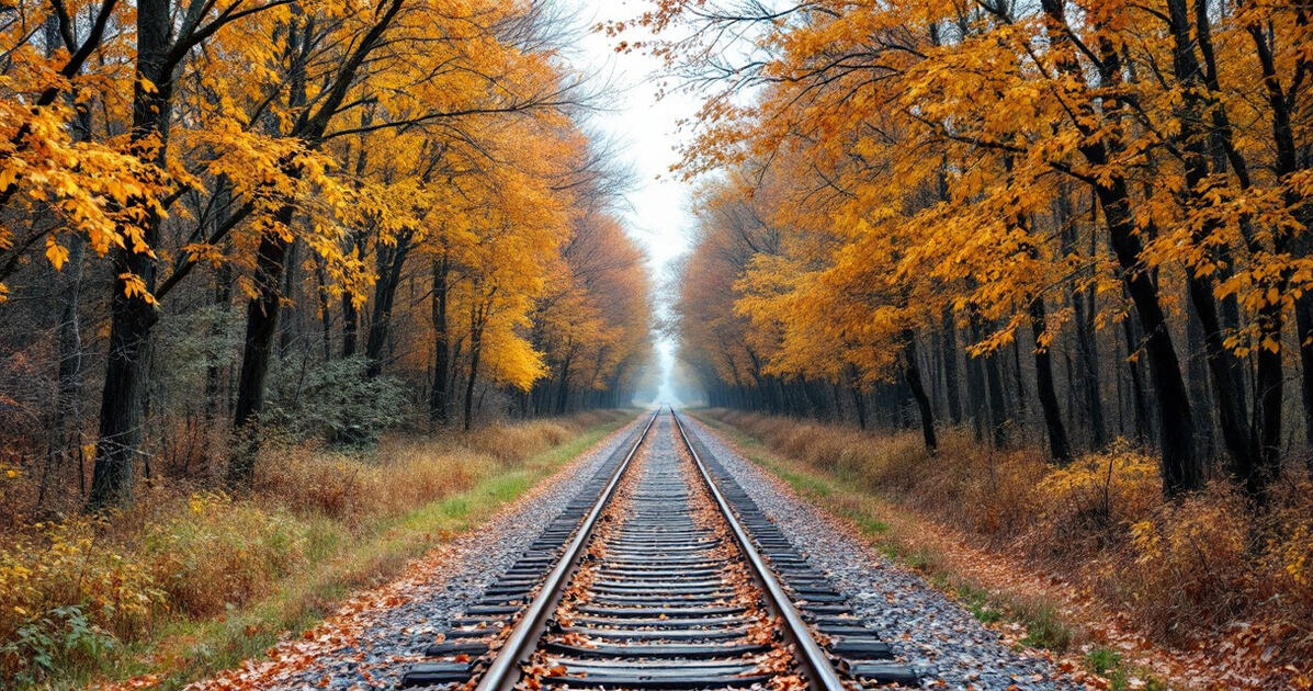 Greenway walking trail along an old rail line with autumn trees
