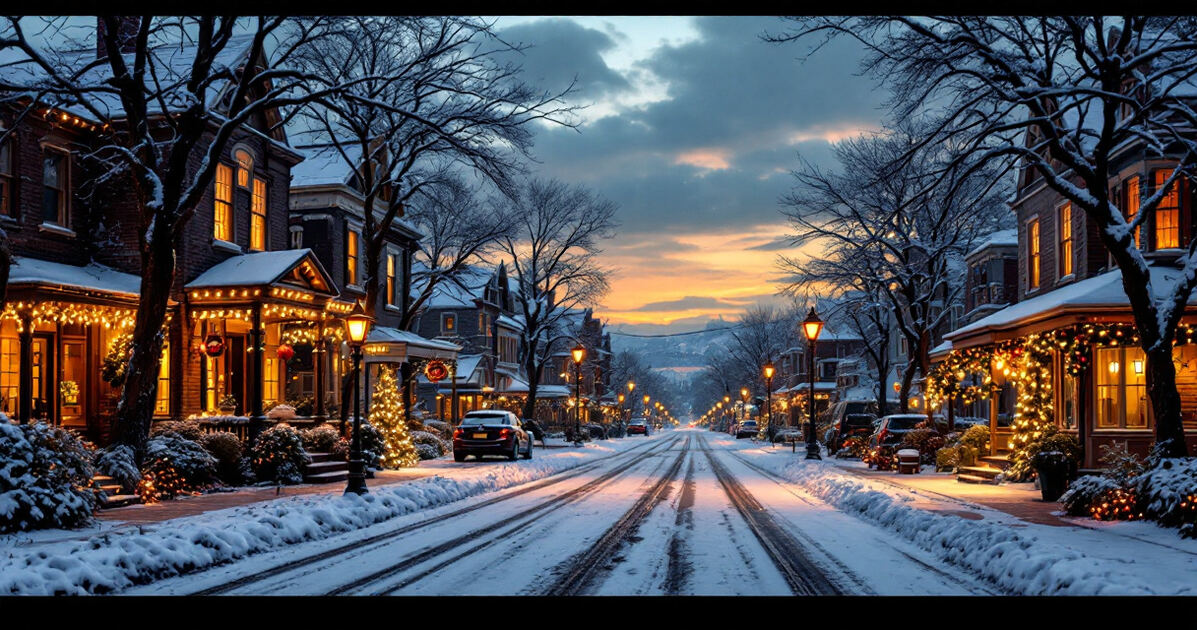 Snowy historic small town street at dusk with warm window glow and holiday lights