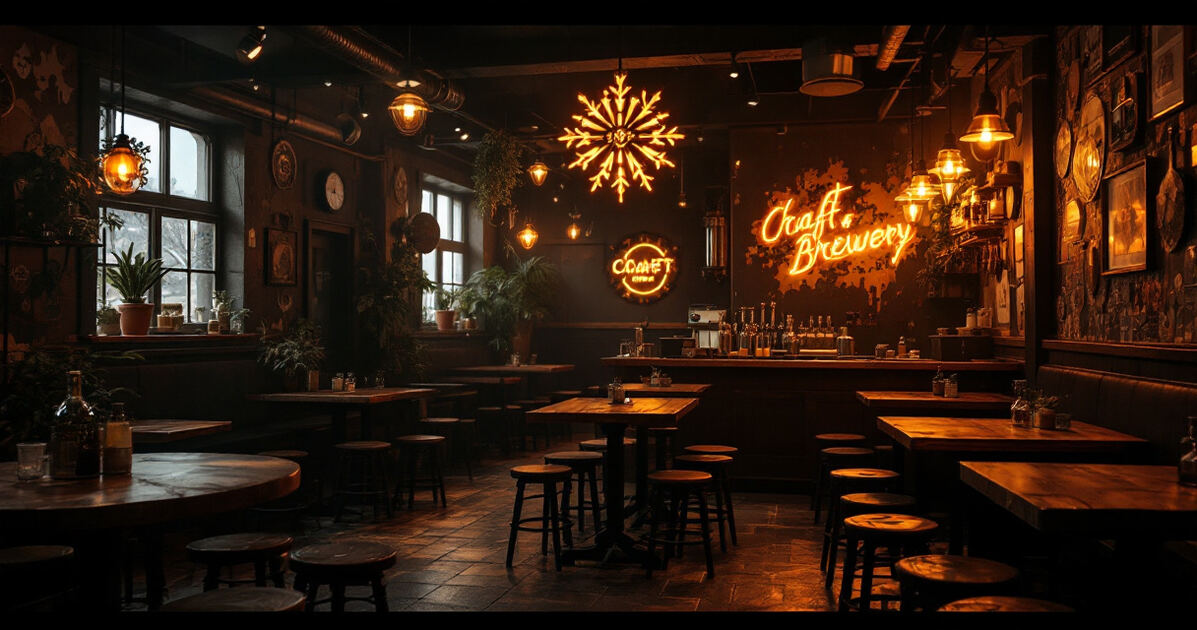 Cozy craft brewery interior with wooden tables and taps