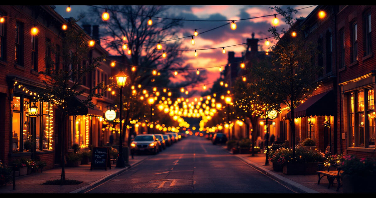 Downtown Broadway street in Bismarck at evening with warm lights