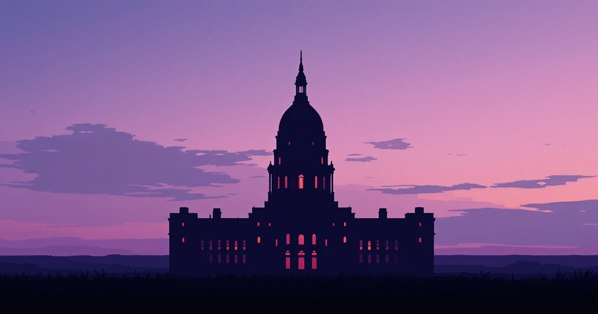 North Dakota State Capitol silhouette at twilight on the prairie