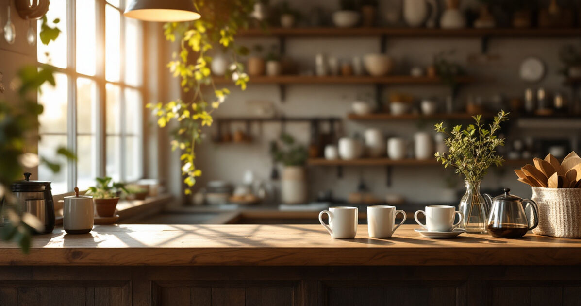 Rustic American coffee shop interior with morning light