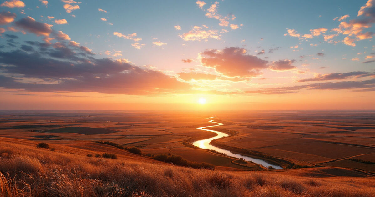 Missouri River winding through North Dakota prairie at sunset near Bismarck