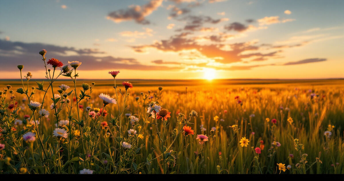 Summer prairie wildflowers and tall grass at sunset, North Dakota landscape