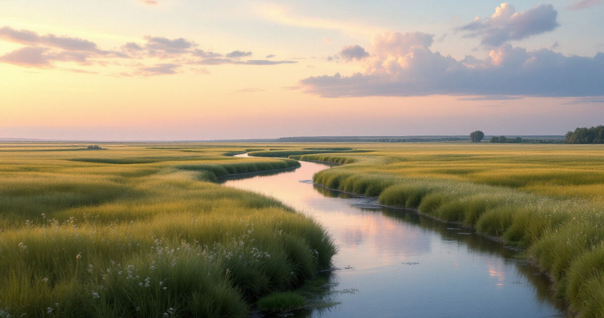 Missouri River winding through prairie at summer evening
