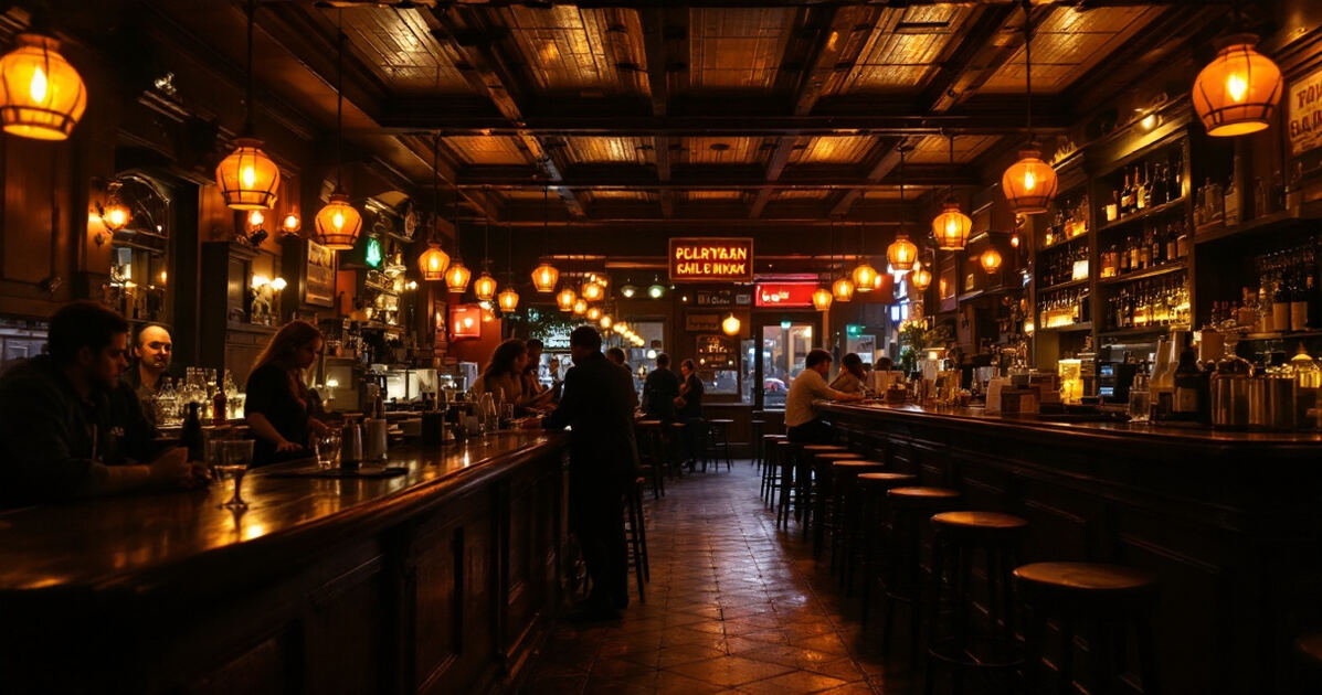 Warm downtown bar interior at night with amber lighting and a wooden bar