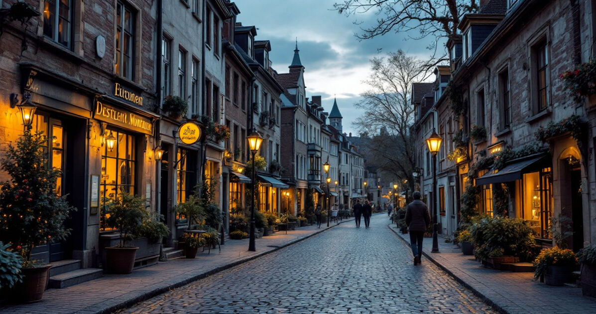 Historic Czech Village street with old-world storefronts in the evening