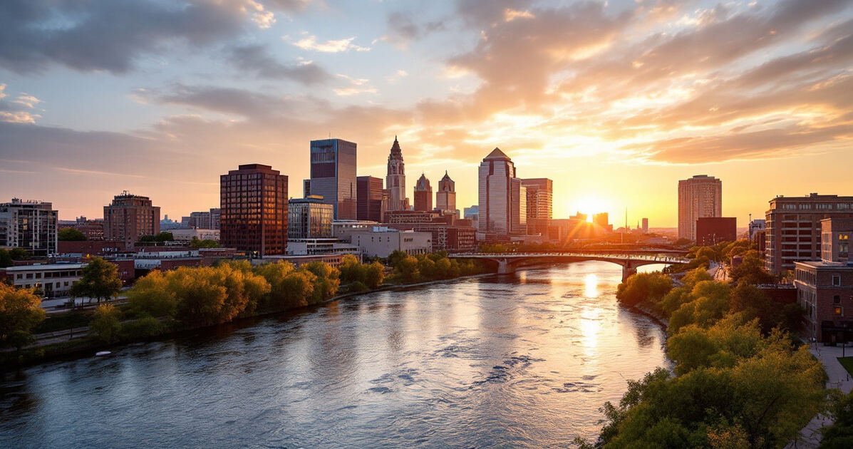 Cedar River flowing through downtown Cedar Rapids Iowa at golden hour