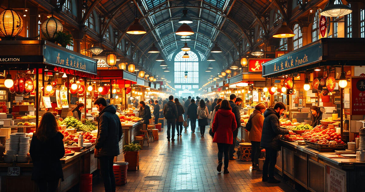 Bustling indoor public food market hall with vendor stalls in warm light