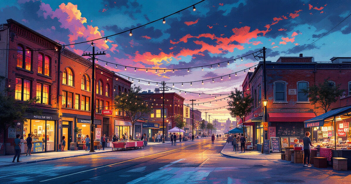 Vibrant Cedar Rapids arts district with brick warehouses and string lights at dusk