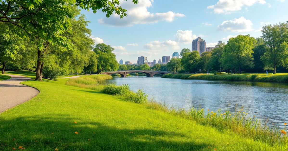 Green riverside city park with a walking trail in summer