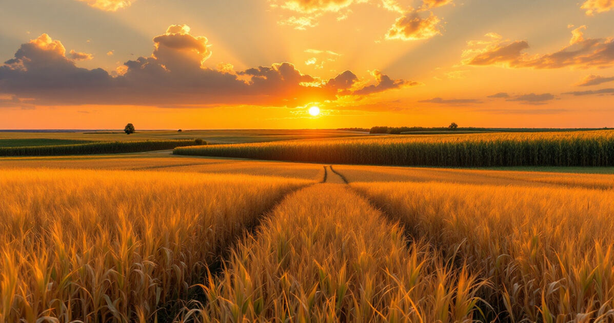 Golden Iowa prairie and cornfields at sunset under a big sky