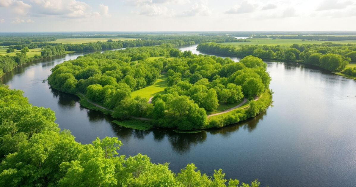Cedar River winding through green Iowa parkland in summer