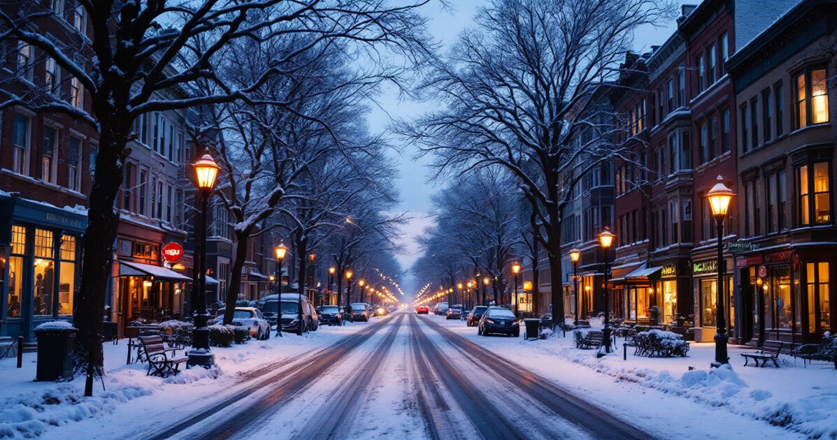 Snowy Cedar Rapids downtown street at dusk with warm window glow