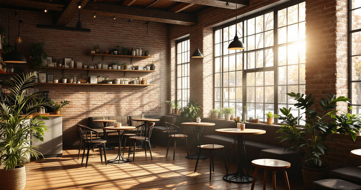 Cozy coffee shop interior with brick walls and big windows in morning light
