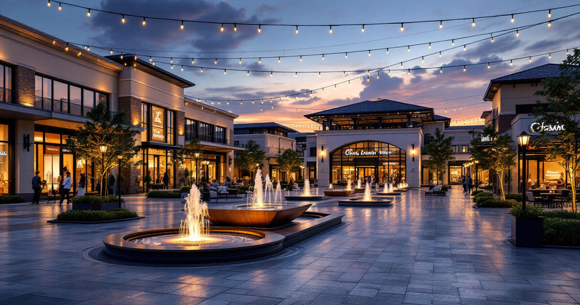 Modern upscale shopping district plaza at dusk with string lights and fountains