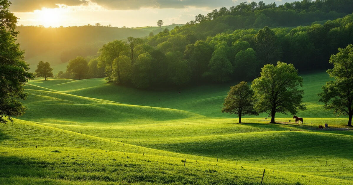 Green rolling Tennessee horse farm park with trees at morning light