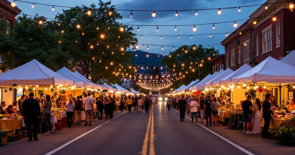 Outdoor town festival on a historic main street with tents and string lights at dusk