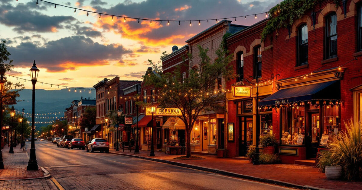 Historic Main Street in Franklin TN at golden hour with brick storefronts and string lights