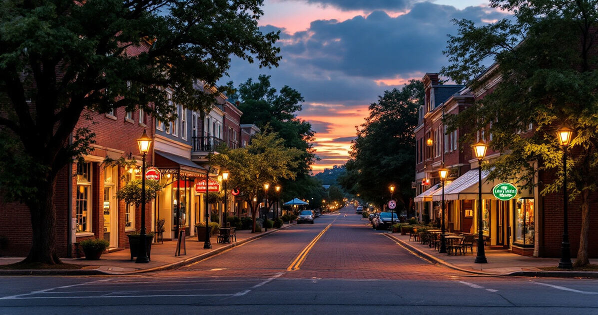 Charming downtown Franklin street with restored brick buildings and cafe awnings at dusk