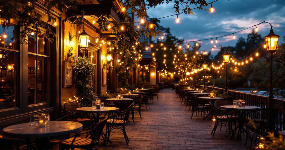 Craft brewery taproom with warm lighting and wooden tables
