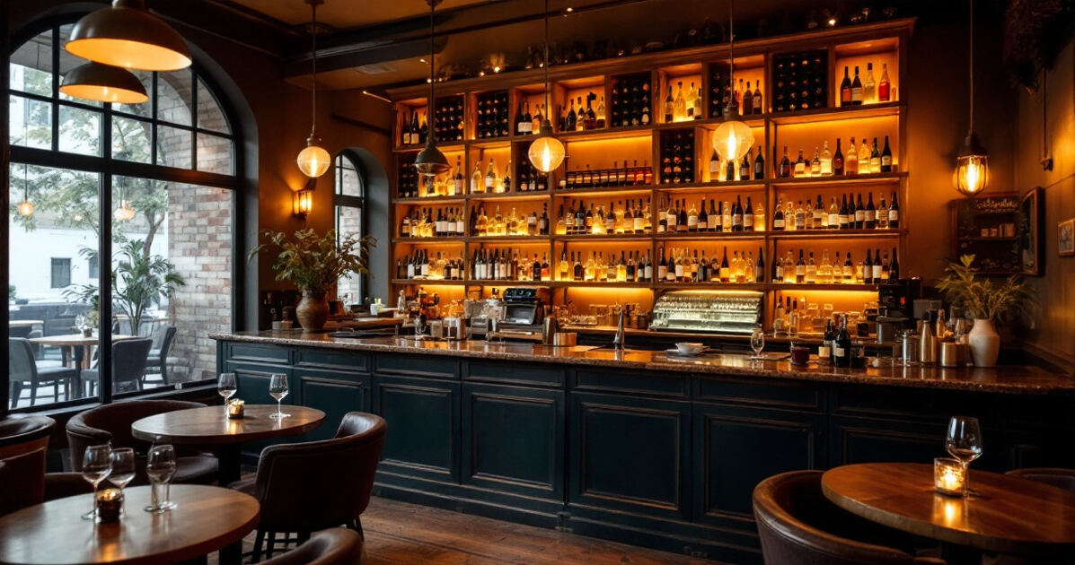 Cozy upscale wine bar interior with warm lighting and wooden shelves