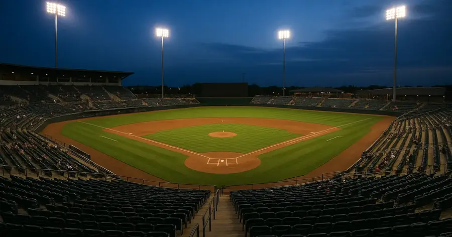 Minor-league baseball stadium at dusk from the upper stands, floodlights on over a green infield
