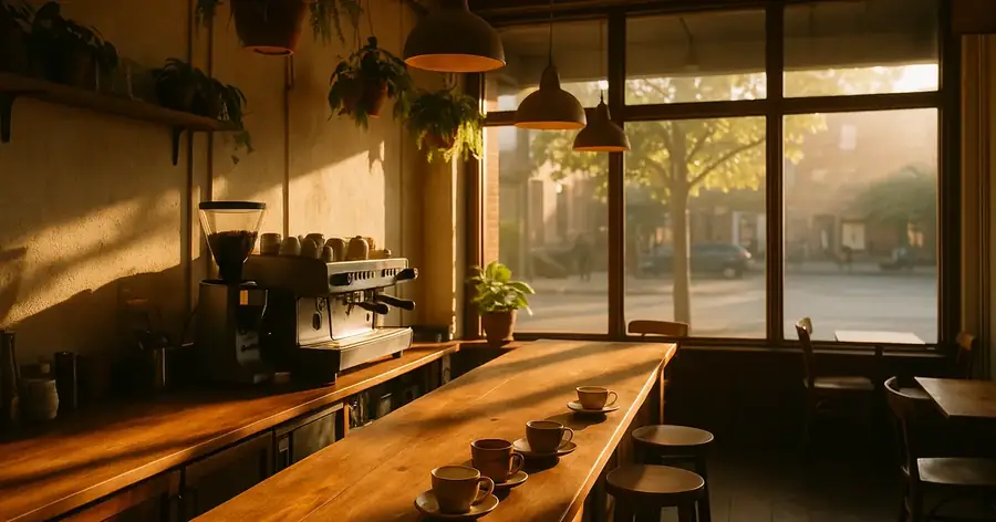 Warm independent coffee shop interior with morning sunlight across a wooden counter and hanging plants