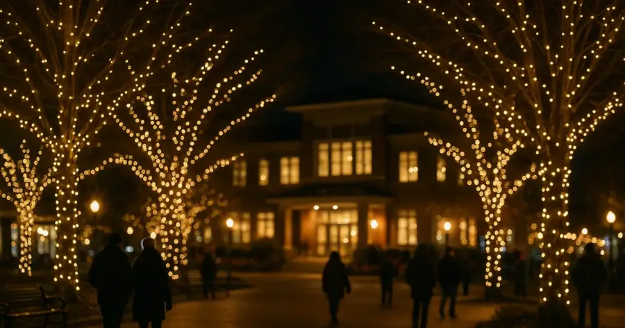 Suburban town square at night with thousands of warm white holiday lights strung through bare trees