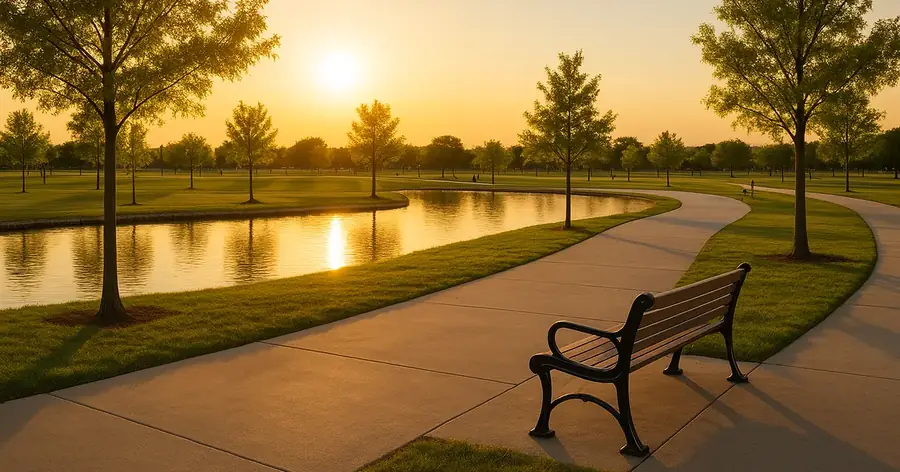 Suburban city park at golden hour with a calm pond, curving paved path and an empty bench