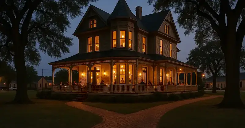 Restored Victorian house converted into a fine-dining restaurant, glowing windows at dusk under oak trees