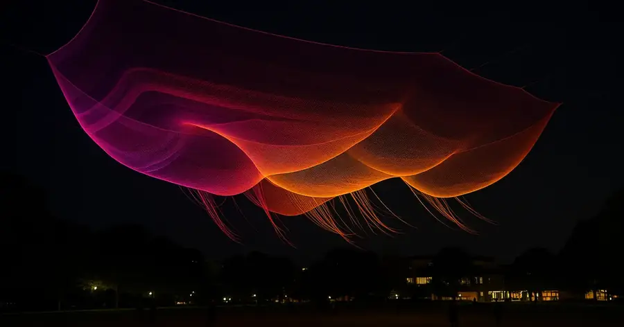 Large illuminated aerial net sculpture glowing magenta and amber above a dark park lawn at night