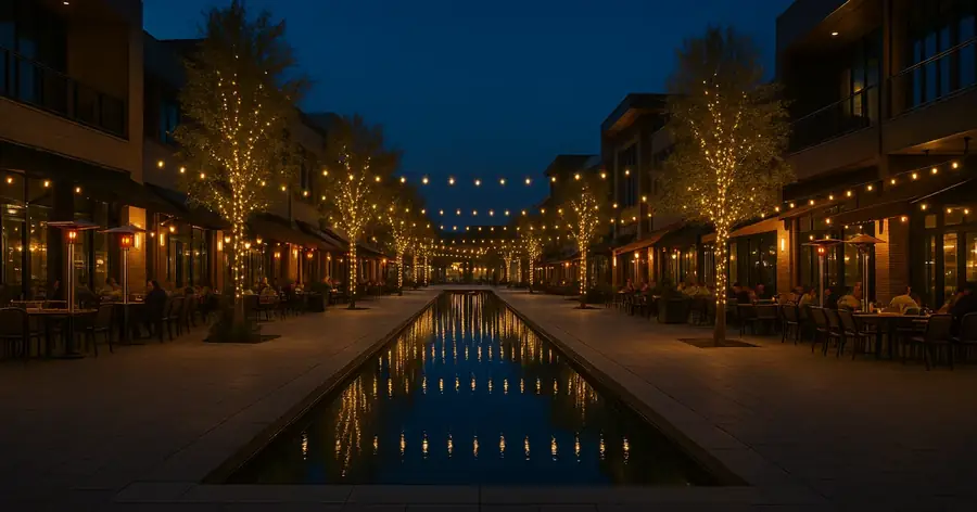 Modern entertainment district plaza at blue hour with lit patios, string lights and a long reflecting pool