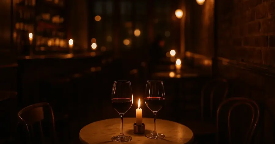 Intimate candlelit wine bar with exposed brick and two glasses of red wine on a small marble table