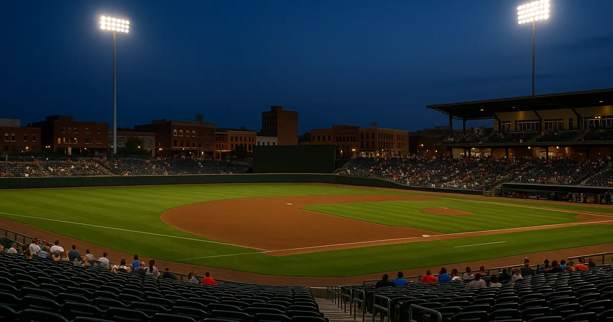 Small modern minor-league ballpark at dusk with floodlights on and a brick downtown skyline behind