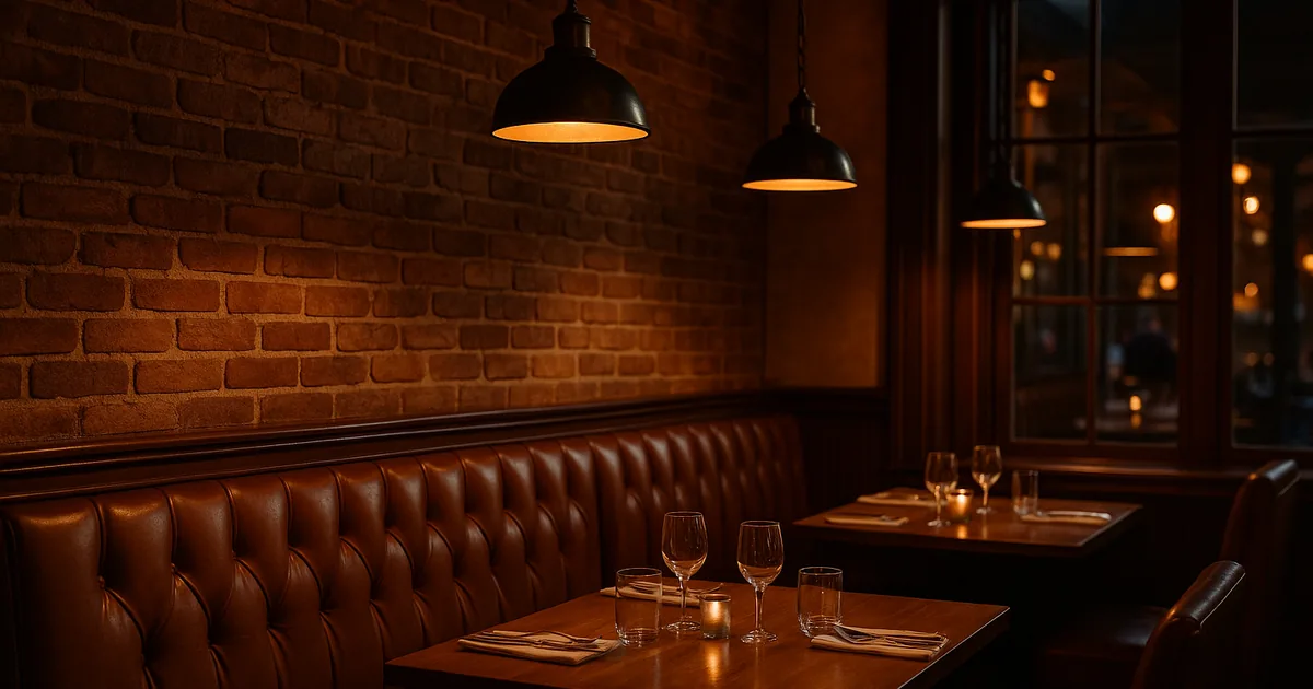 Warm American bistro interior at dinnertime with a set table for two by the window