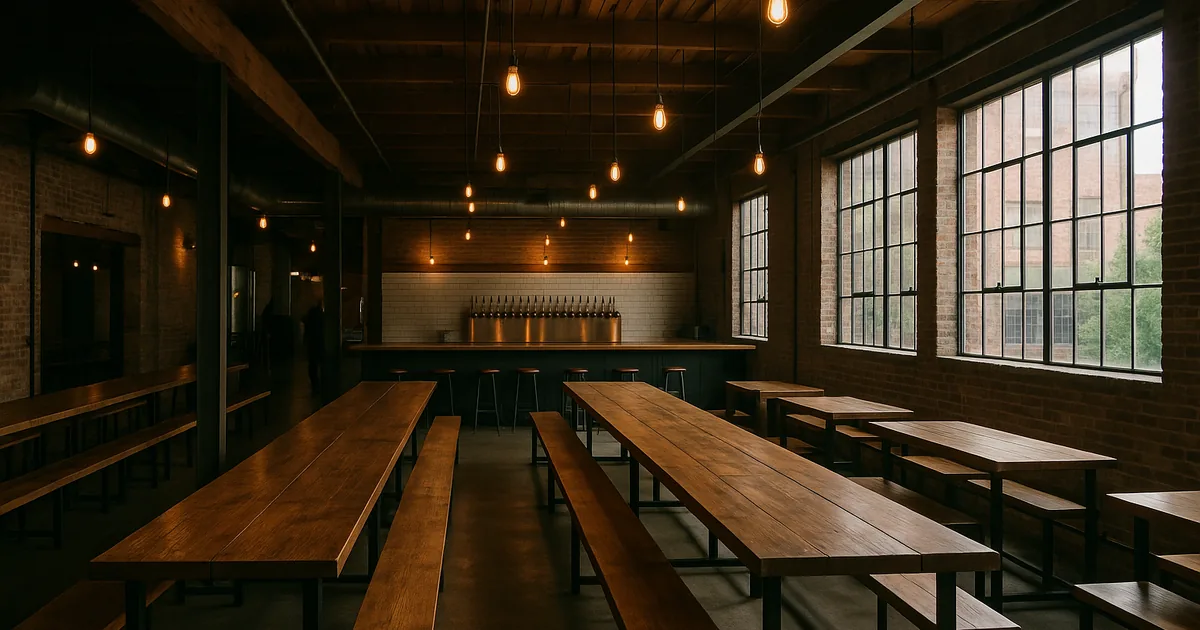 Craft brewery taproom in a converted brick warehouse with long communal tables and warm lighting