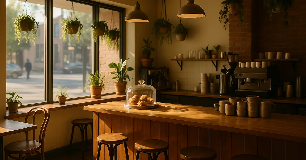 Cosy independent coffee shop interior with morning light over a wooden counter