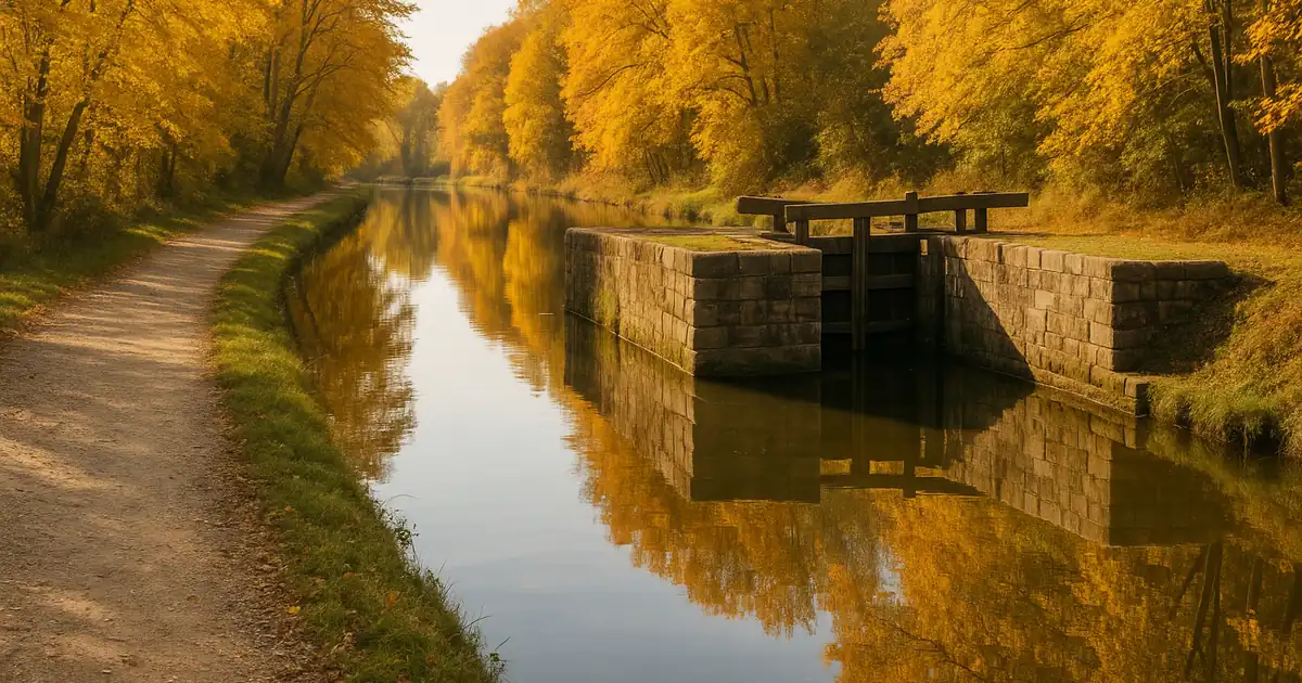 Historic C&O Canal towpath in autumn with golden trees reflected in still water