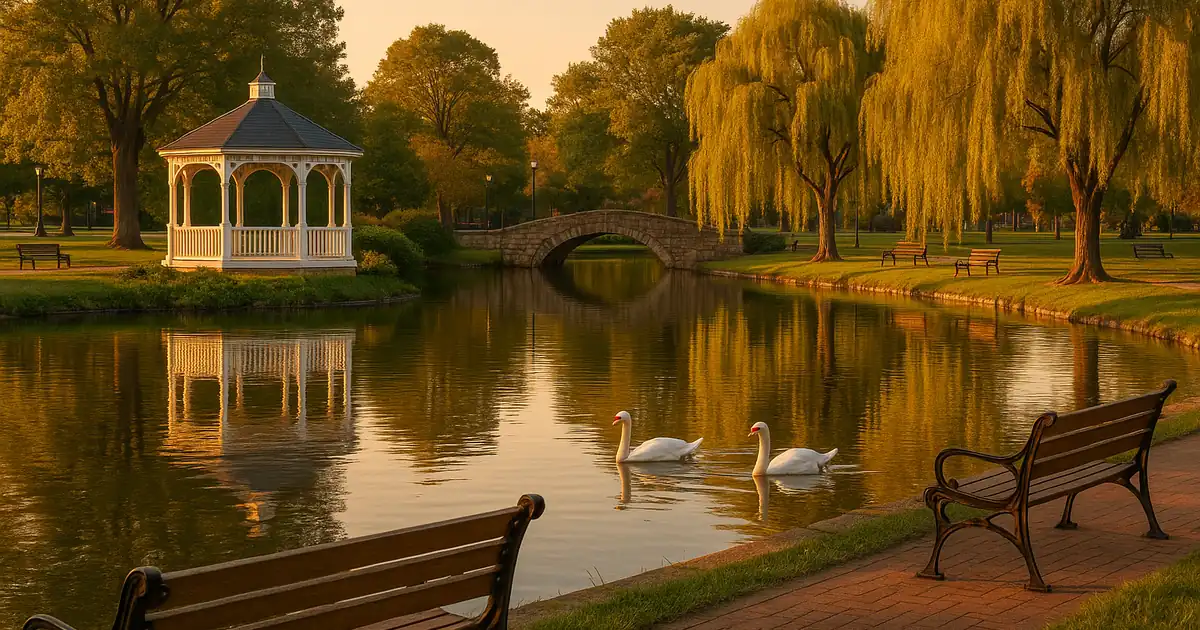 Hagerstown City Park lake at golden hour with a white gazebo, stone footbridge and swans
