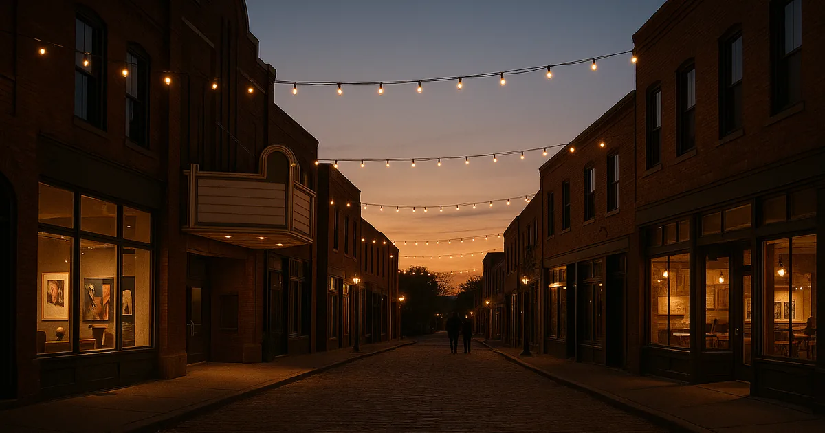 Restored arts-district storefronts lit warmly at dusk in a small Maryland city