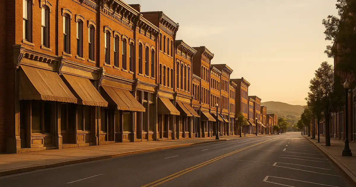 Historic red-brick main street in downtown Hagerstown Maryland at golden hour